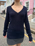 Cable Knit V-Neck Sweater Navy - Fashorio