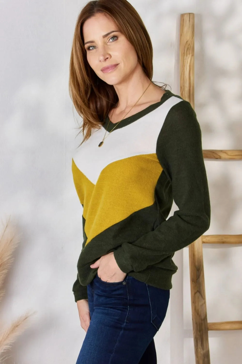 Hailey & Co Full Size Colorblock V-Neck Blouse - Fashorio
