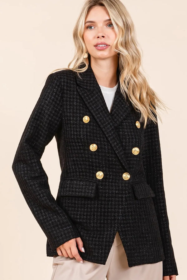 Mittoshop Plaid Texture Double-Breasted Long Sleeve Blazer Black - Fashorio