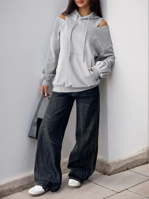 Drawstring Zip Detail Cold Shoulder Hoodie - Fashorio