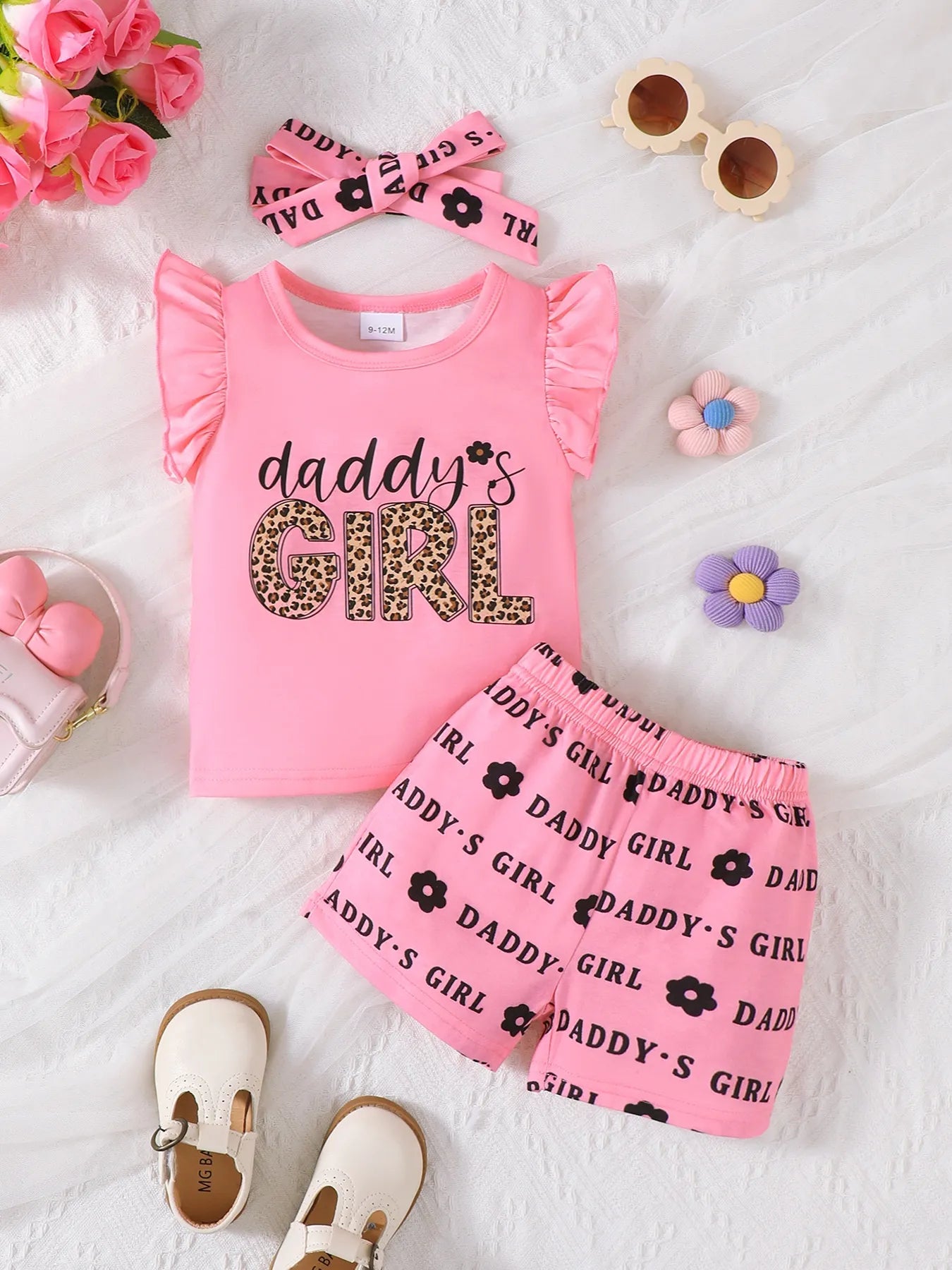 Children's Headband Letter Ruffle Sleeve Top and Shorts 3-Piece Set - Fashorio