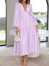 Deep V-Neck Balloon Sleeve Plain Maxi Dress Lavender - Fashorio