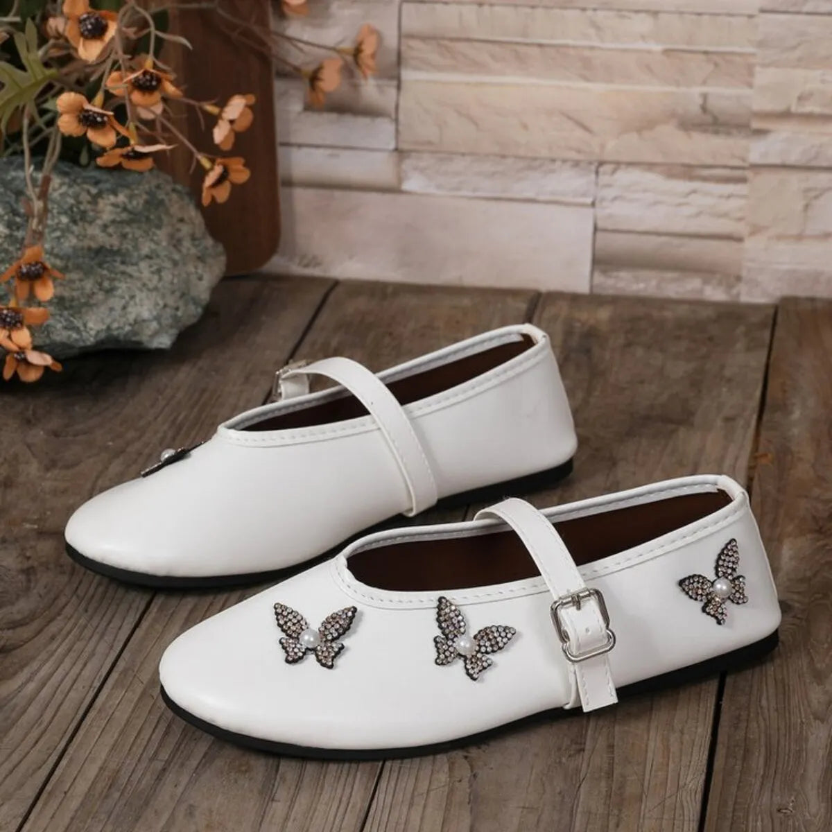 Butterfly Embellished Mary Jane Loafers White - Fashorio