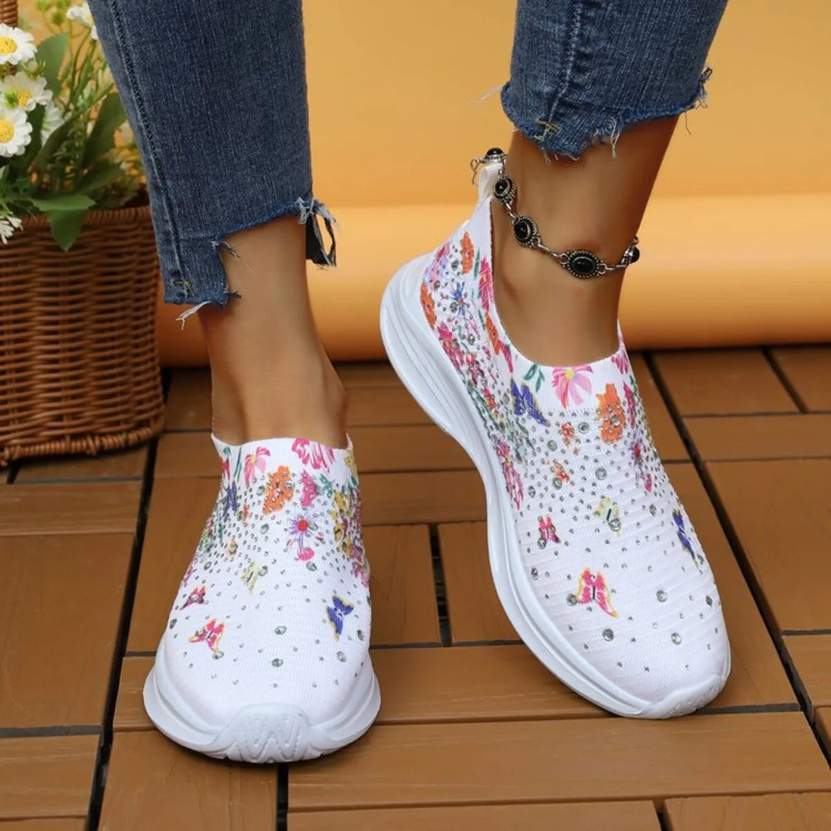 Rhinestone Floral Print Sneakers White - Fashorio