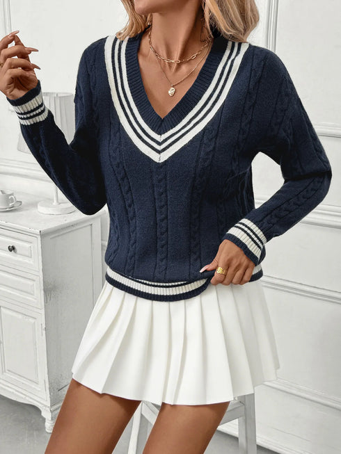 Contrast Striped V-Neck Sweater - Fashorio