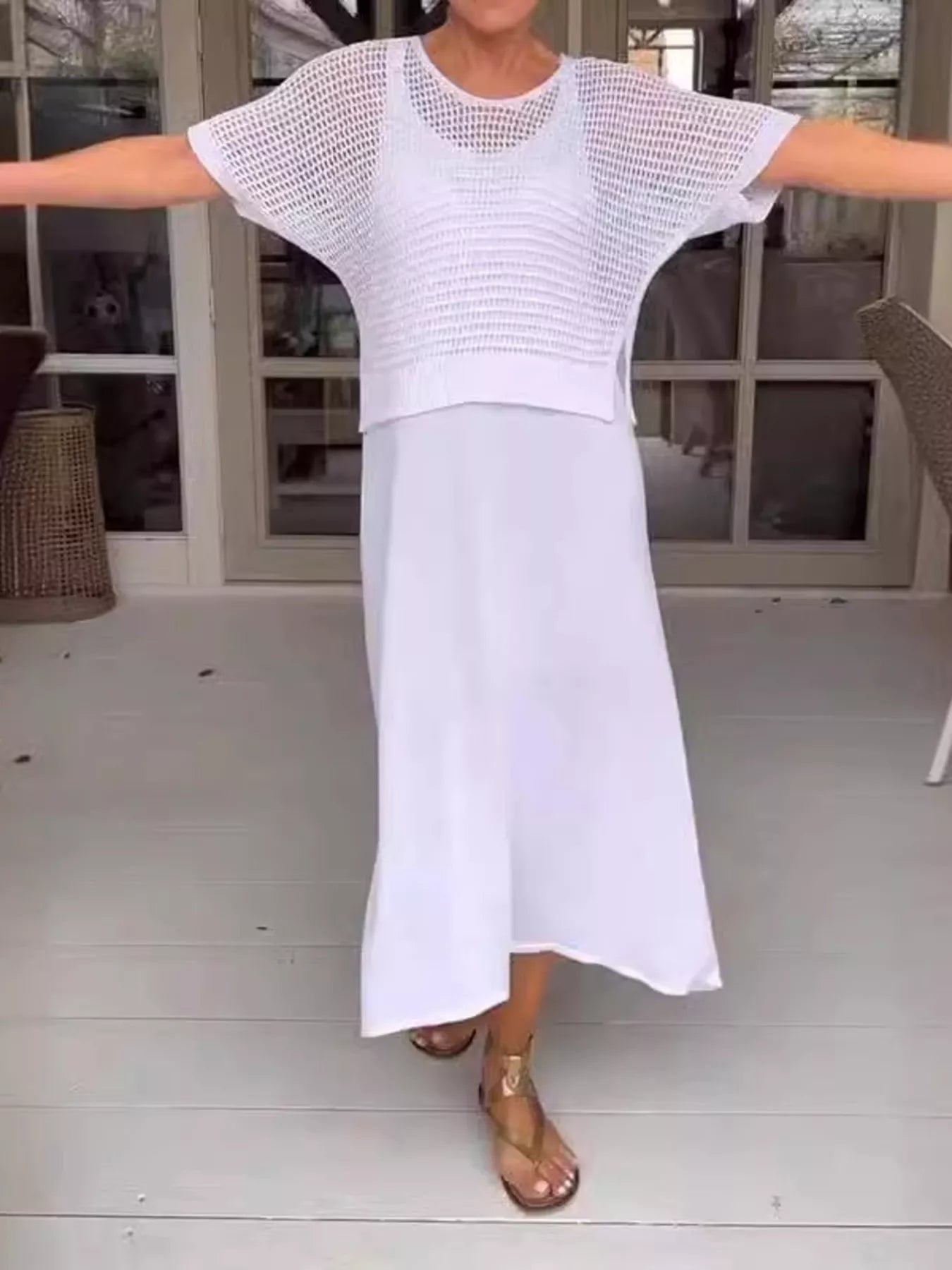 Full Size Openwork Knit Cover Up and Dress Set Plus Size White - Fashorio
