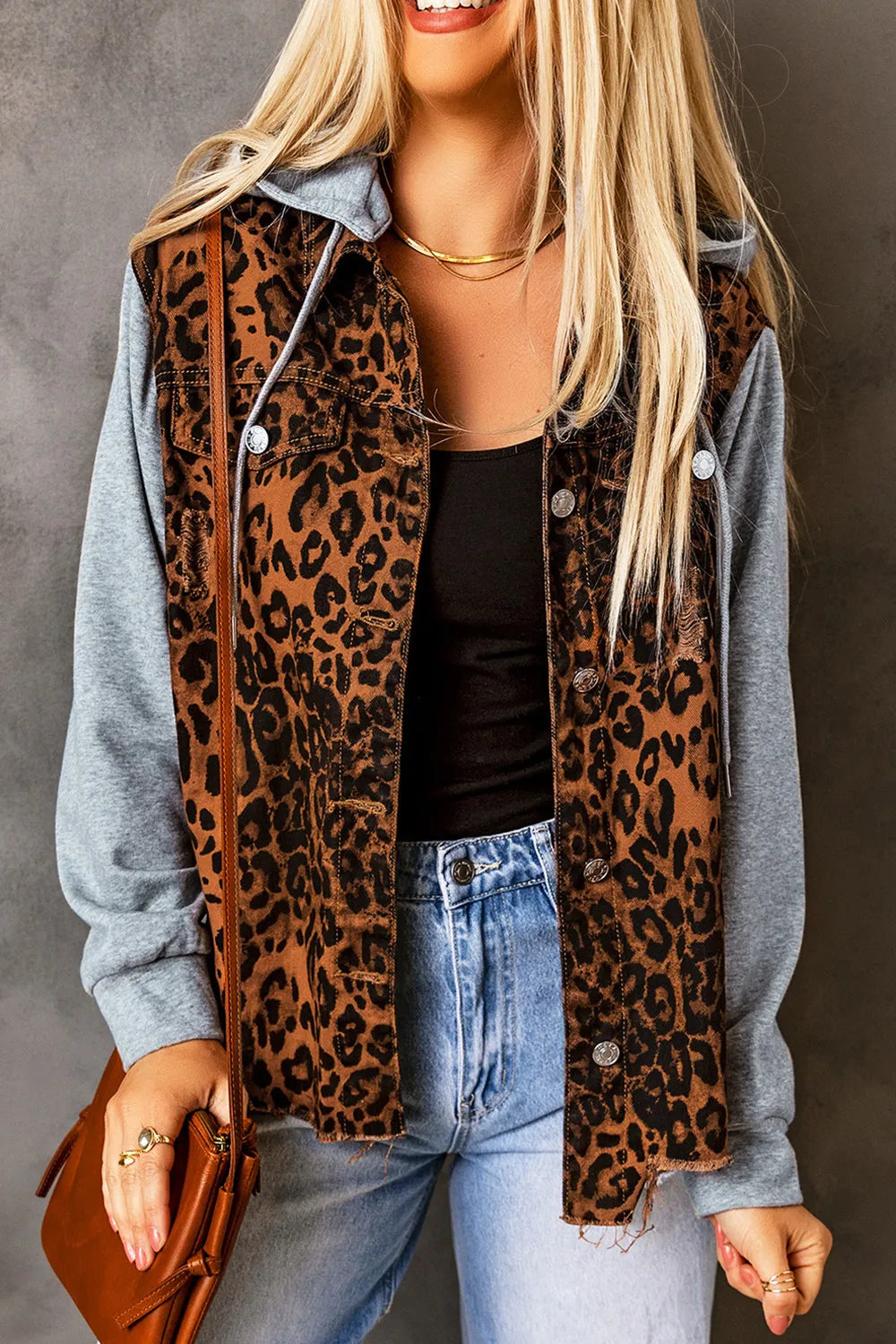 Leopard Distressed Drawstring Hooded Denim Jacket - Fashorio