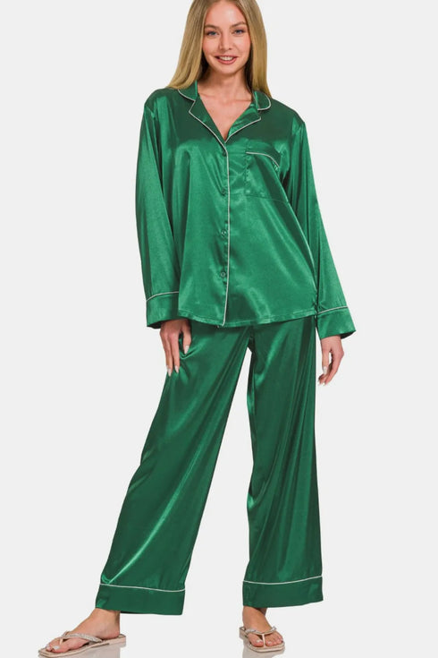 Zenana Satin Long Sleeve Shirt and Pants Pajama Set Hunter Green - Fashorio