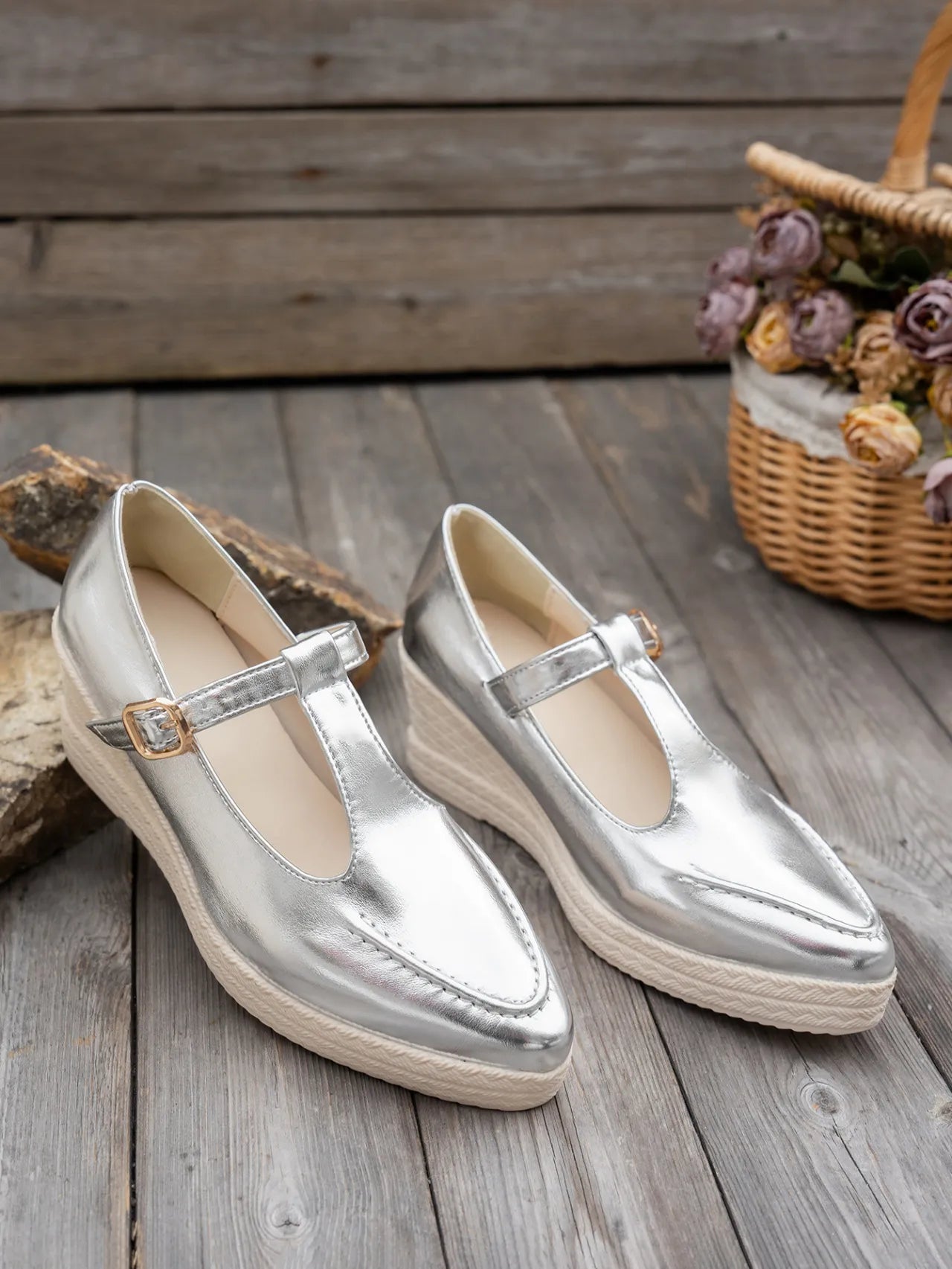 Point Toe Wedge Loafers Silver - Fashorio