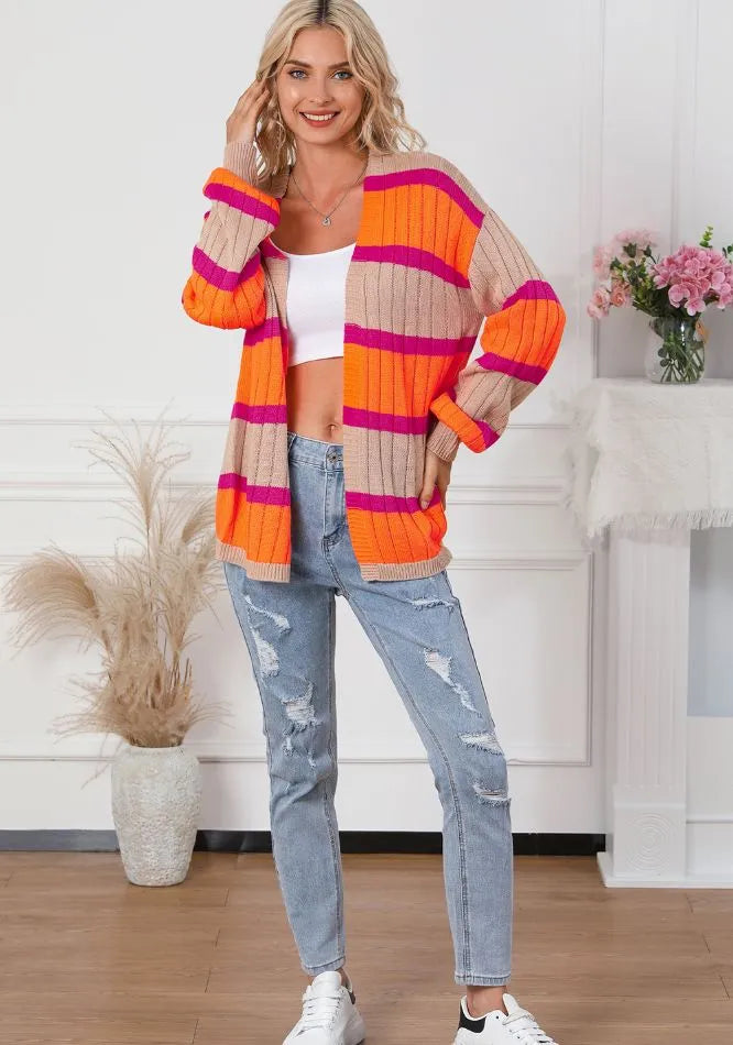 Contrast Striped Drop Shoulder Open Front Cardigan - Fashorio