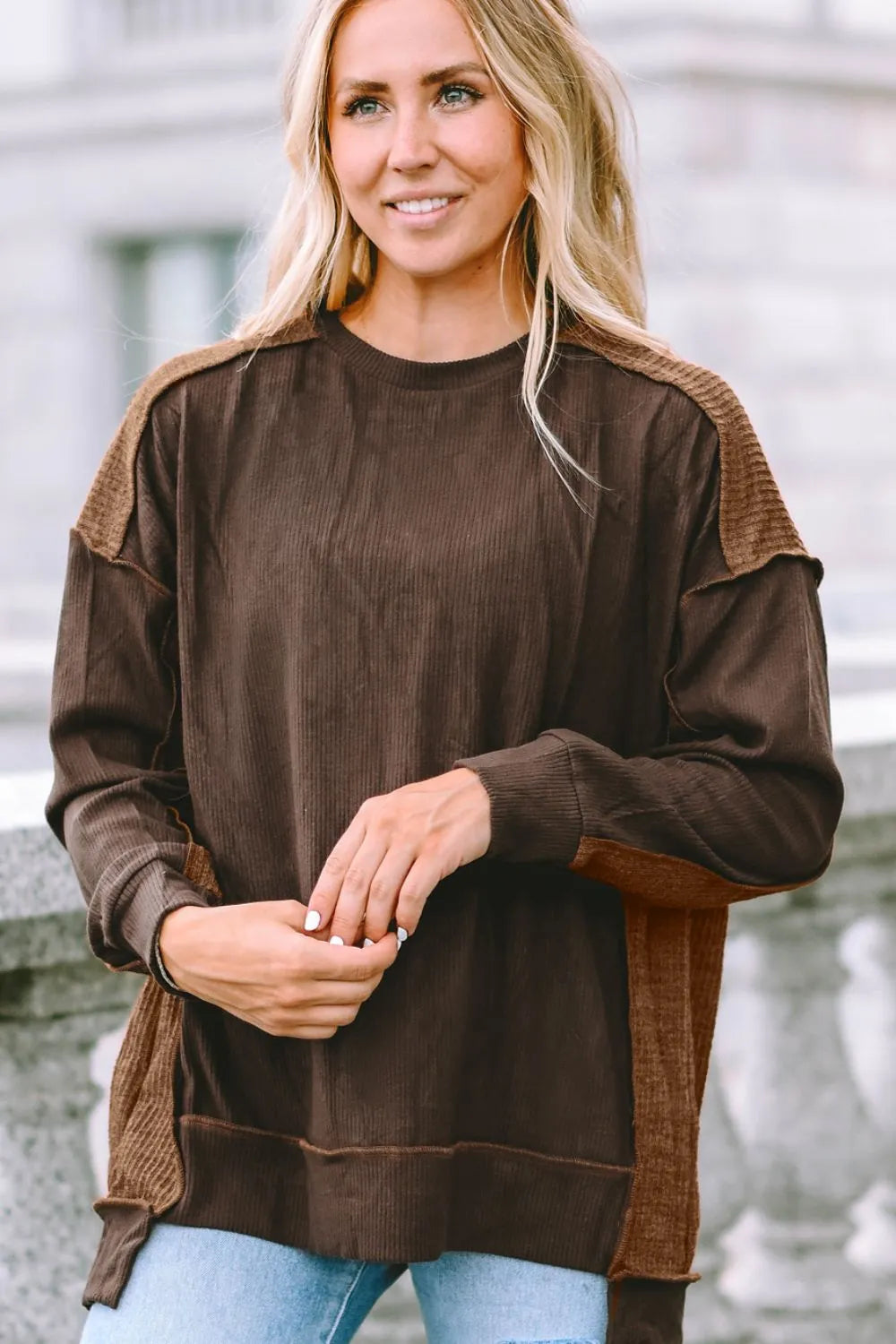 Ribbed Exposed Seam Dropped Shoulder Blouse - Fashorio