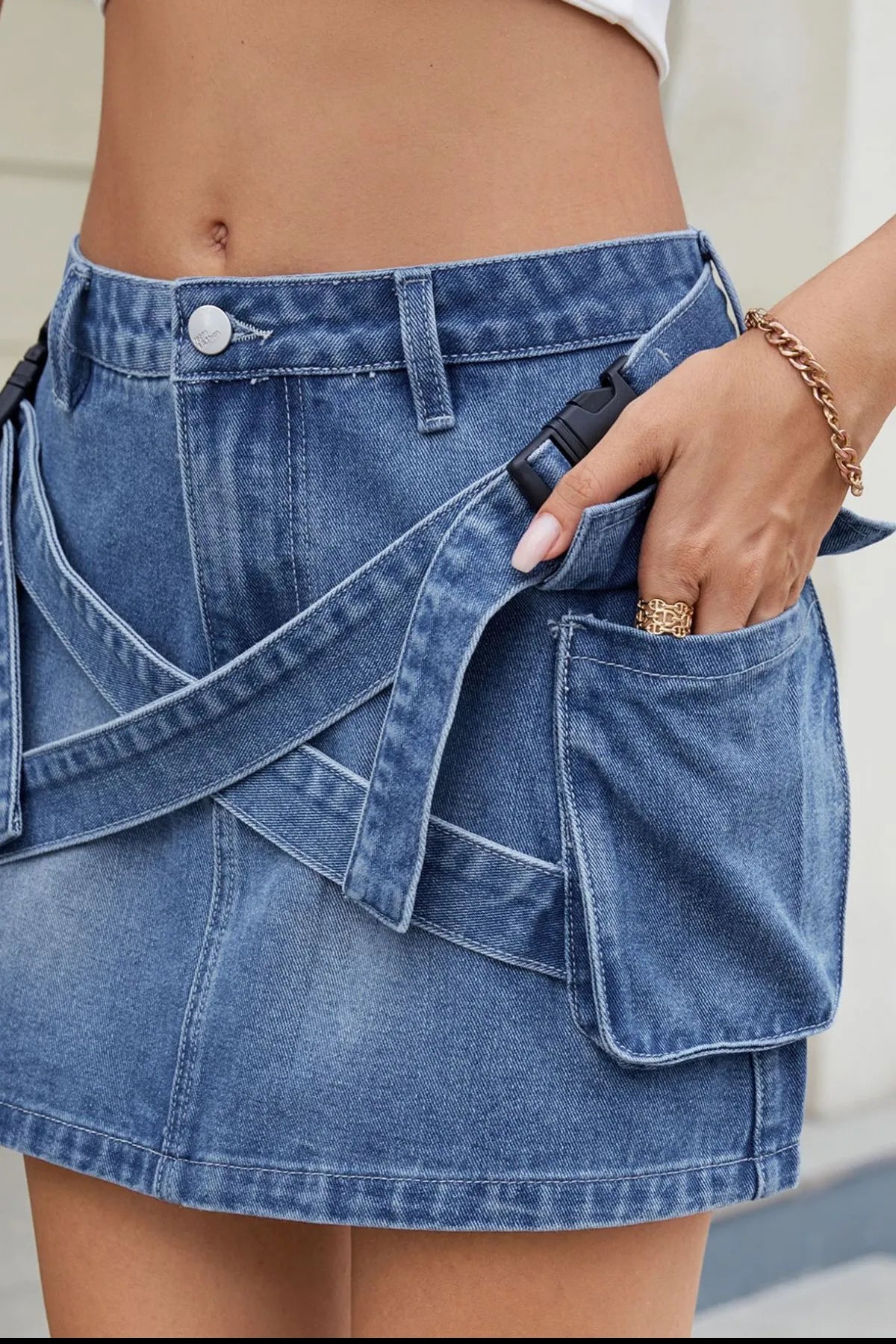 Criss-Cross Waist Detail Denim Mini Skirt - Fashorio