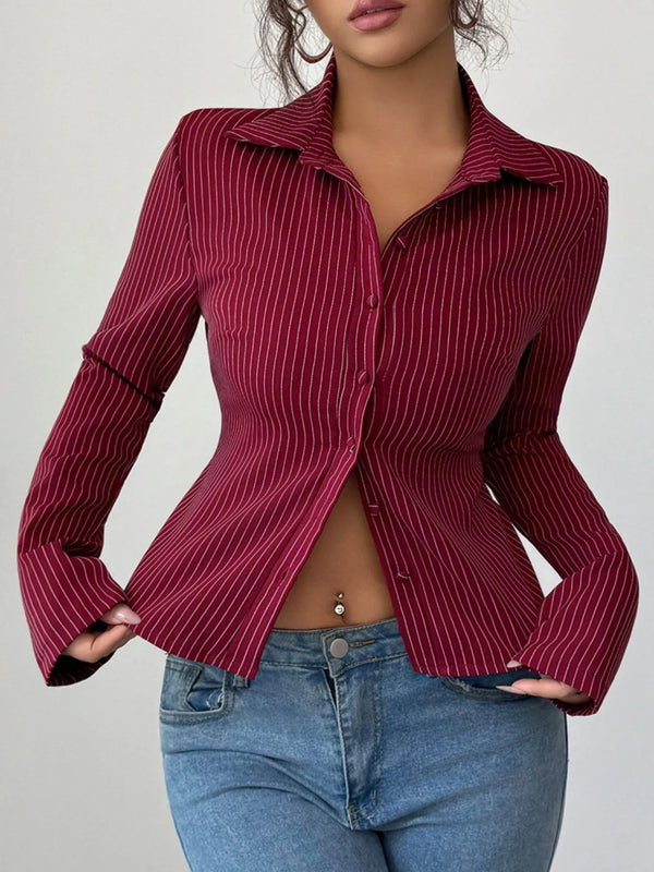 Striped Button-Up Fitted Shirt Burgundy - Fashorio