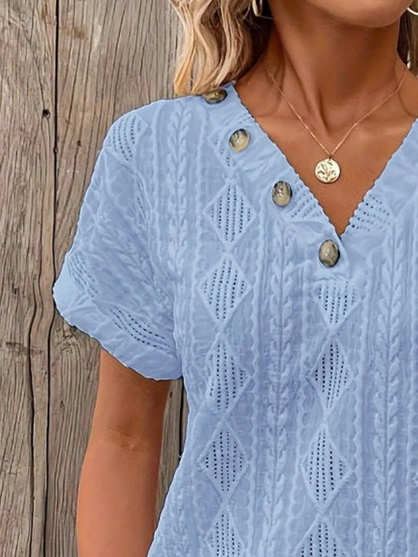 Textured V-Neck Short Sleeve Top - Fashorio