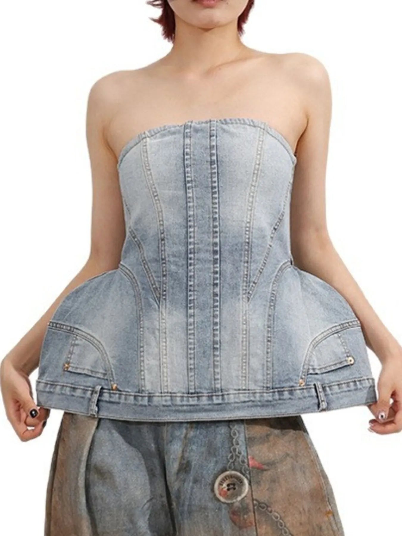 Zip Back Denim Tube Top - Fashorio