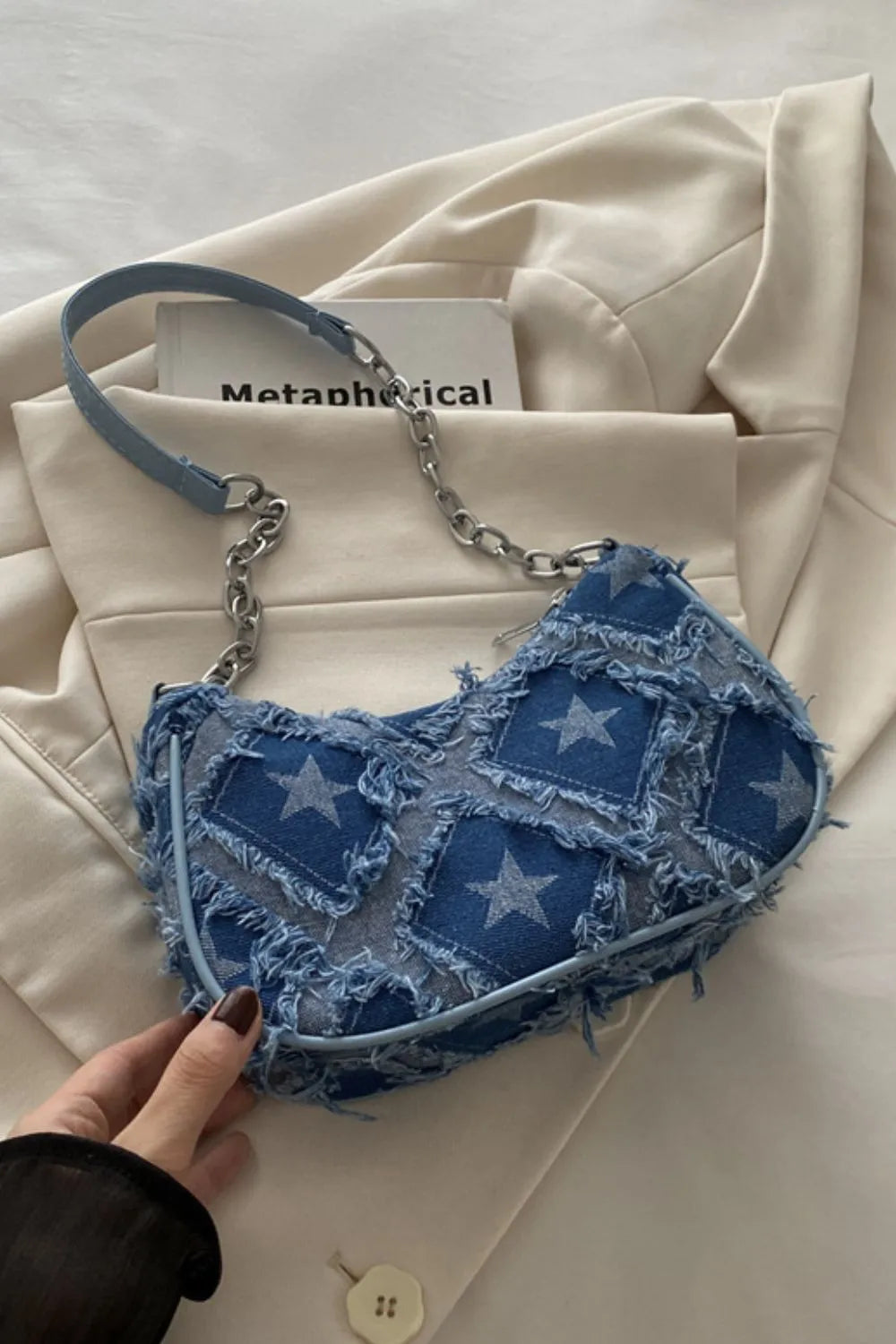 Fringe Star Print Shoulder Bag Dusty Blue One Size - Fashorio
