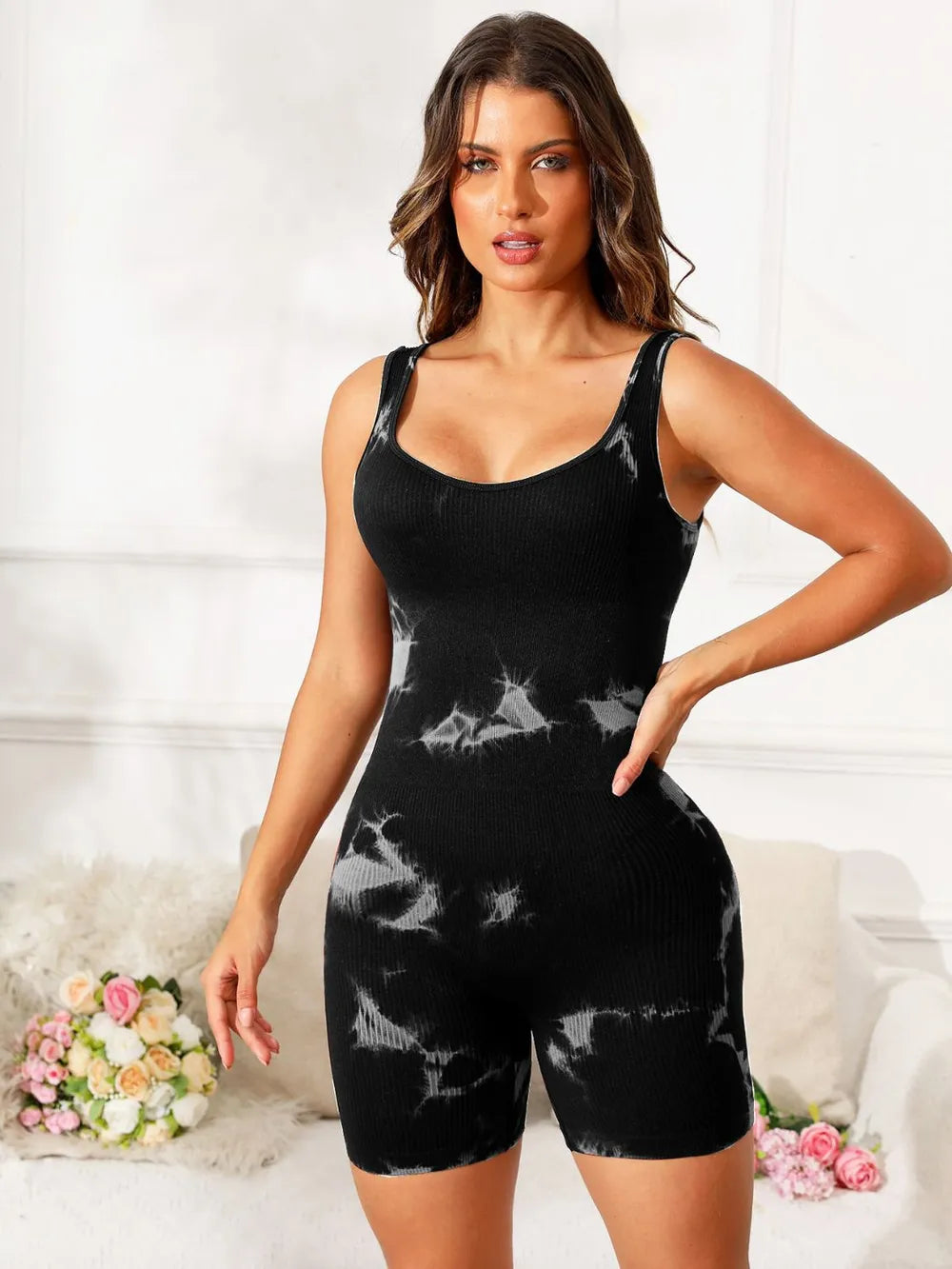 Tie-Dye Wide Strap Active Romper - Fashorio