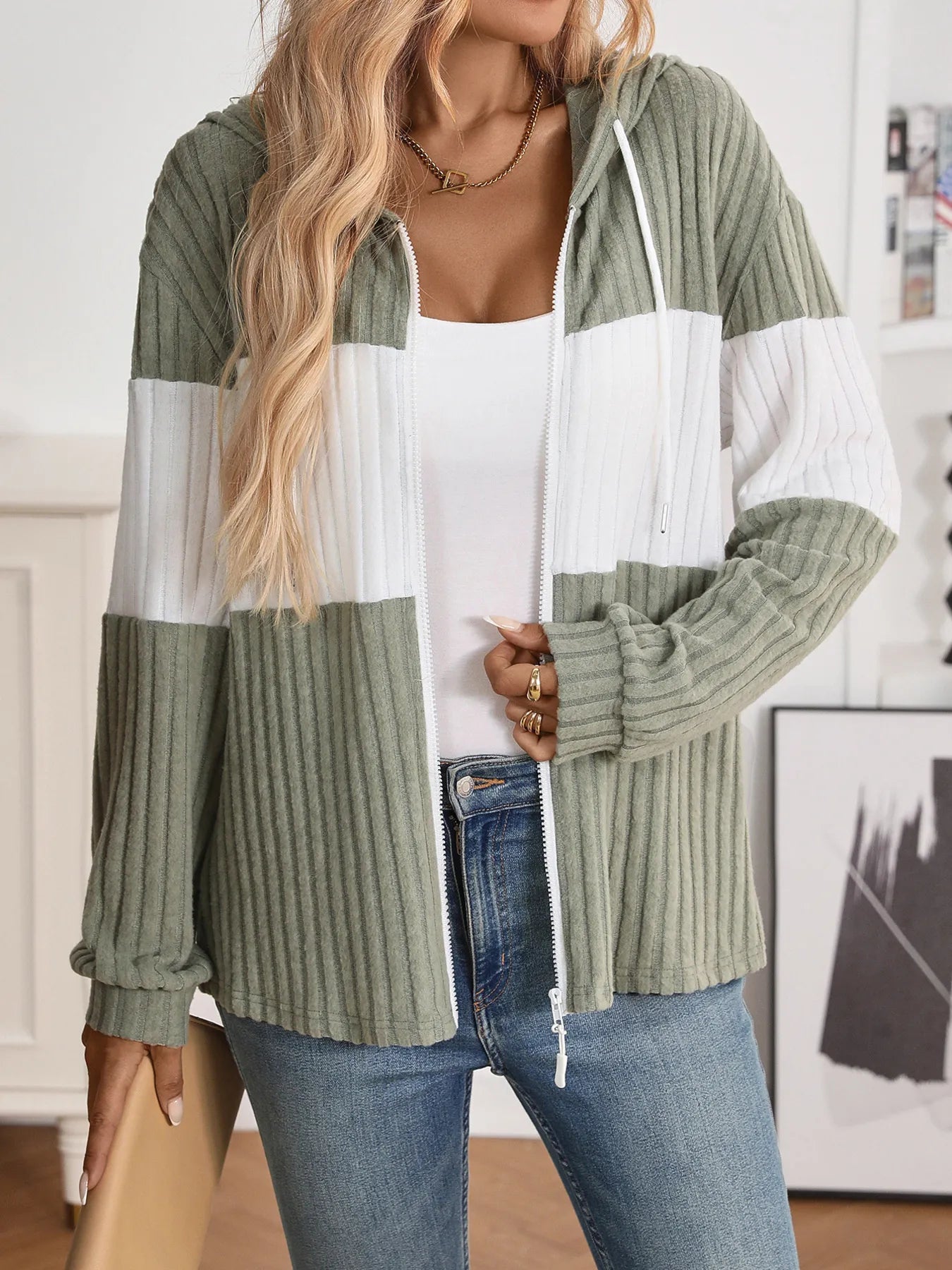 Drawstring Color Block Zip Up Outerwear - Fashorio