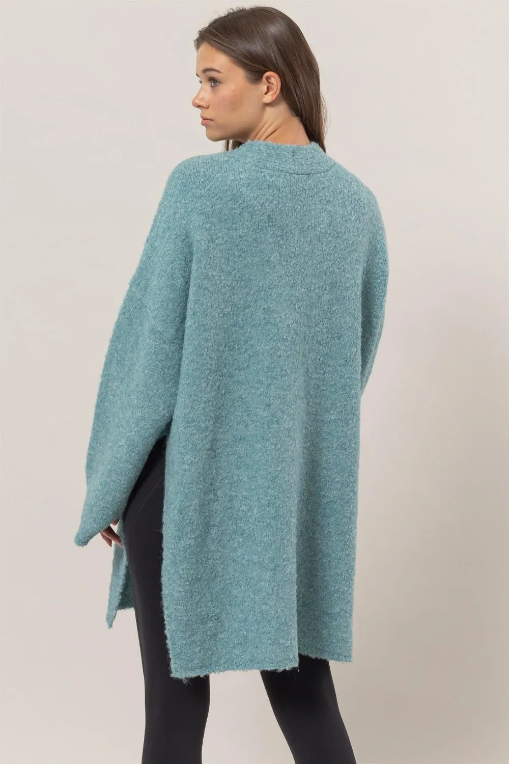 HYFVE Front Rosette Longline Slit Sweater Cardigan - Fashorio
