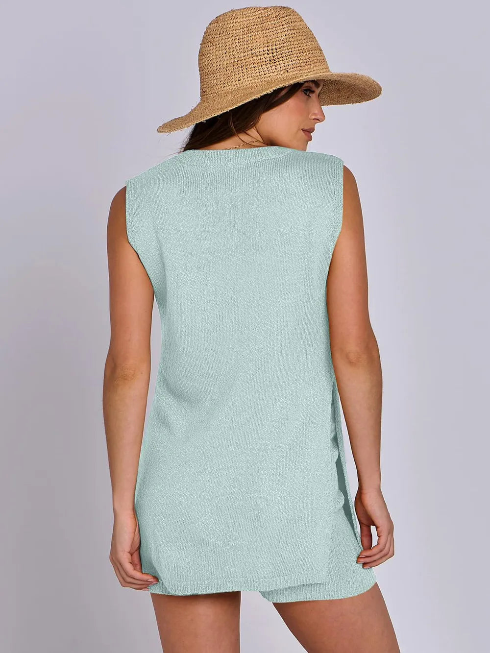 Side Slit Round Neck Tank and Ribbed Shorts Sweater Set - Fashorio
