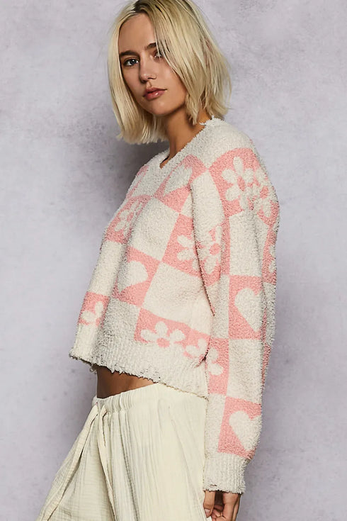 POL V-Neck Heart Pattern Checkered Sweater - Fashorio