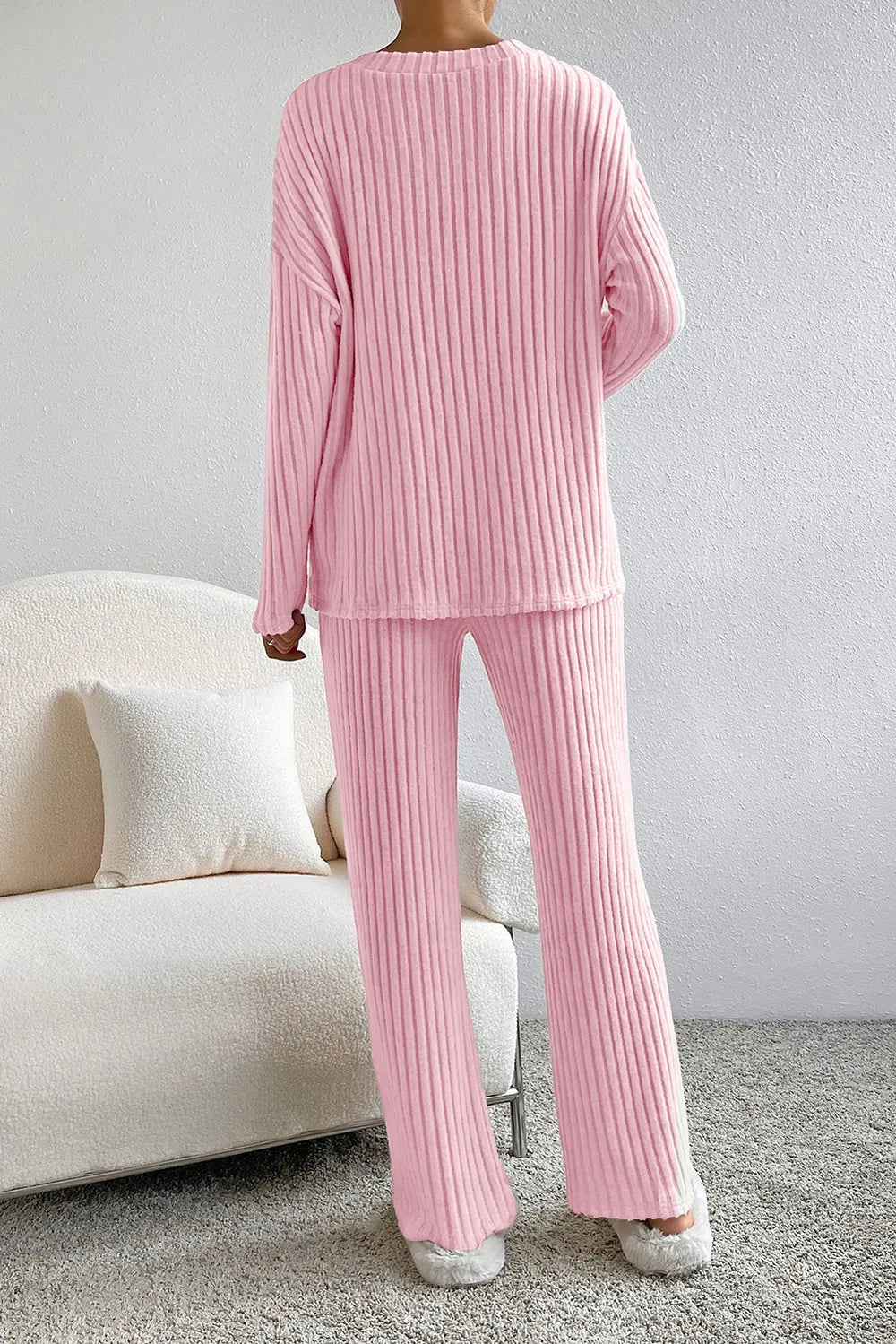 Ribbed V-Neck Top and Pants Lounge Set - Fashorio