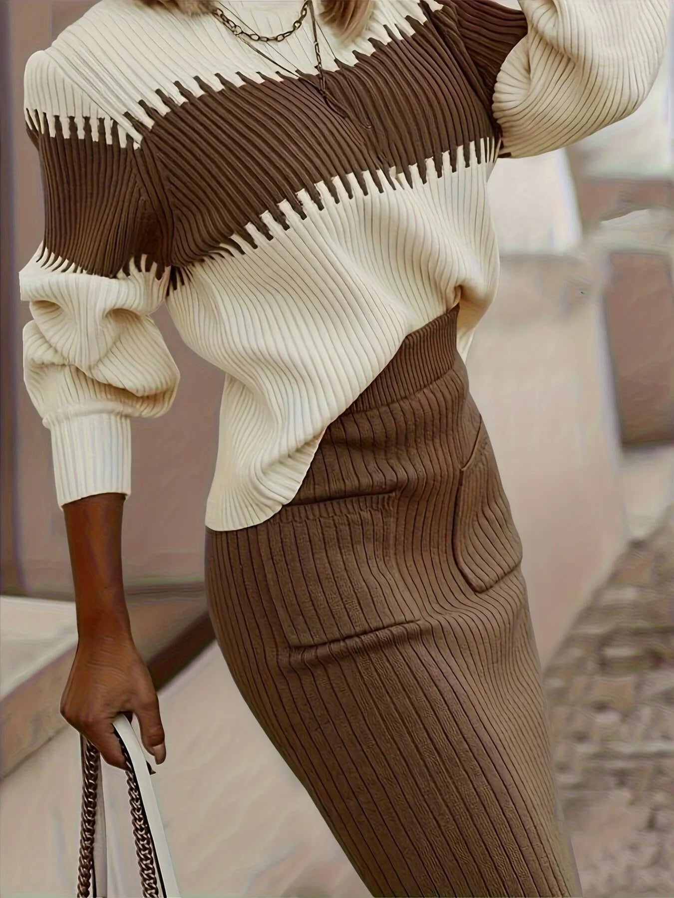 Two-Tone Ribbed Knit Top and Skirt Sweater Set - Fashorio