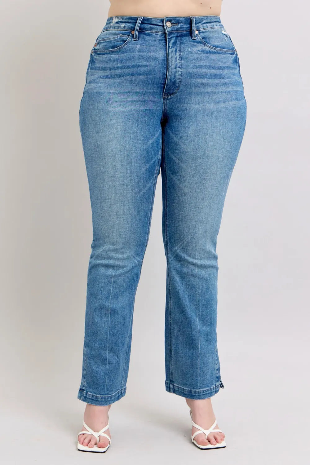Judy Blue HW Tummy Control Vintage Wash Side Slit Slim Boot Jeans - Fashorio