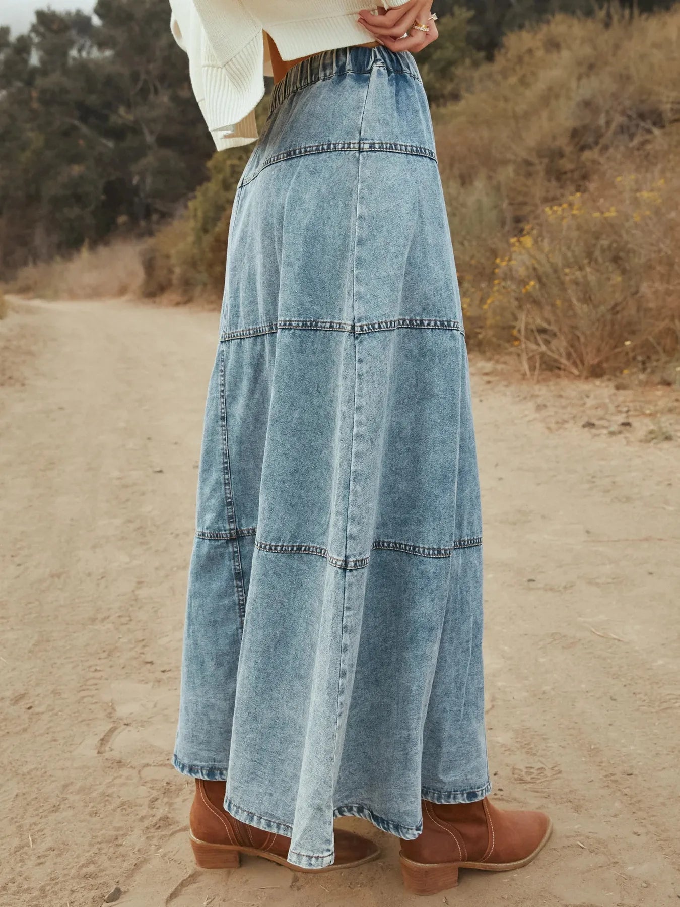Button-Front Tiered Maxi Denim Skirt - Fashorio