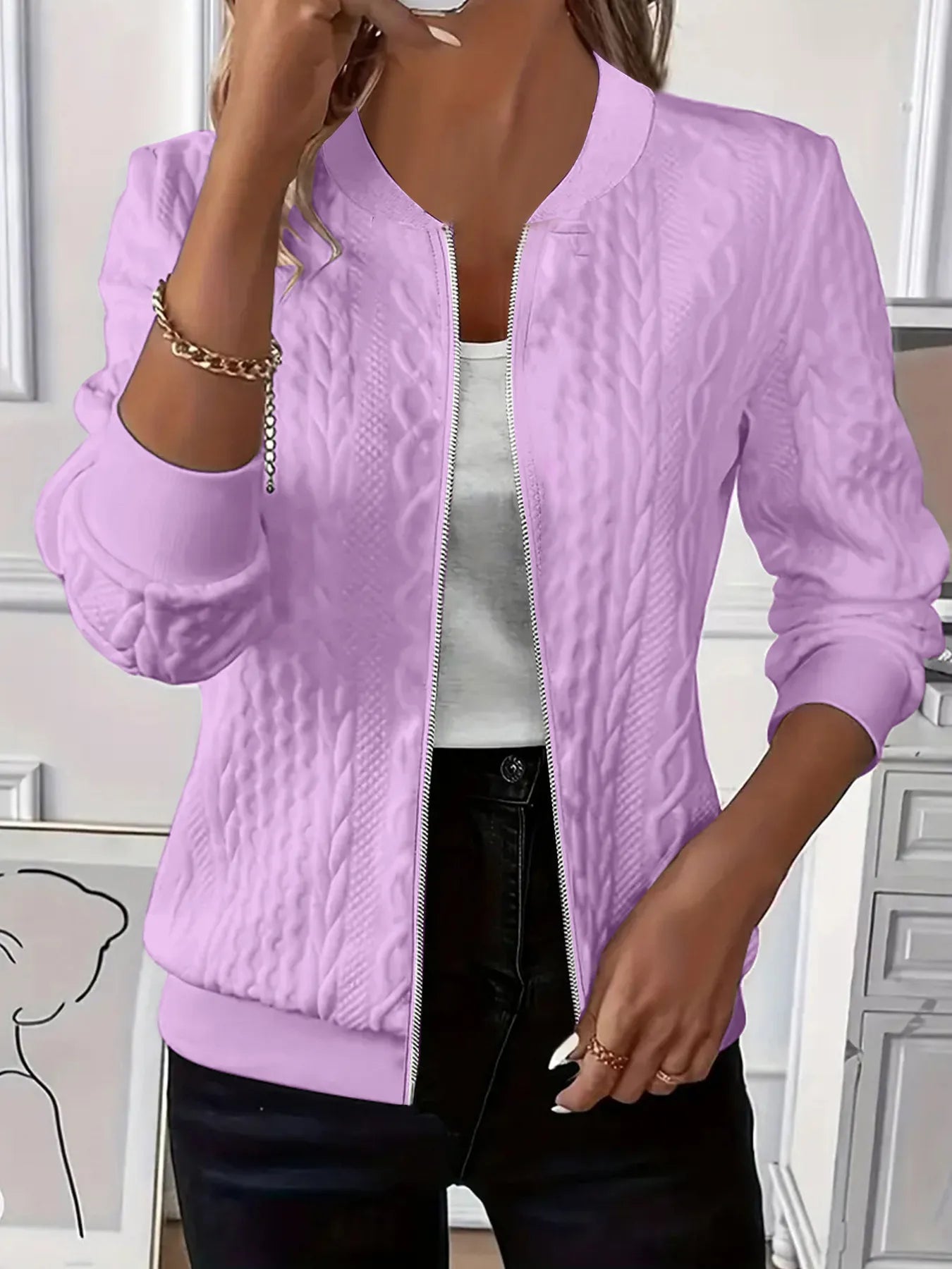 Texture Zip Up Long Sleeve Jacket Purple - Fashorio
