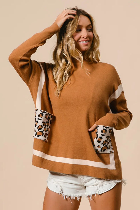 BiBi Mock Neck Sweater with Leopard Pocket - Fashorio