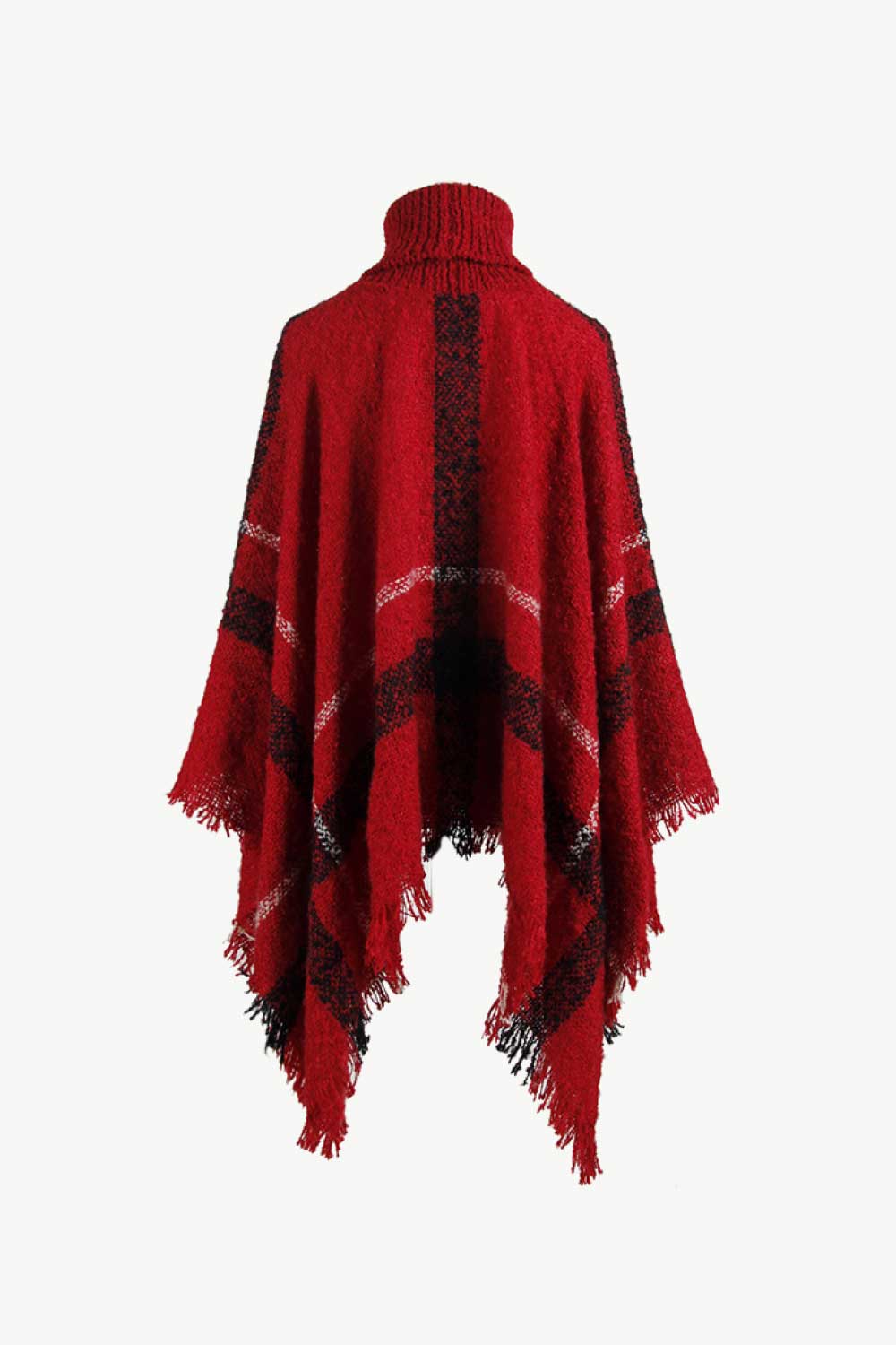 Plaid Turtleneck Raw Hem Poncho - Fashorio