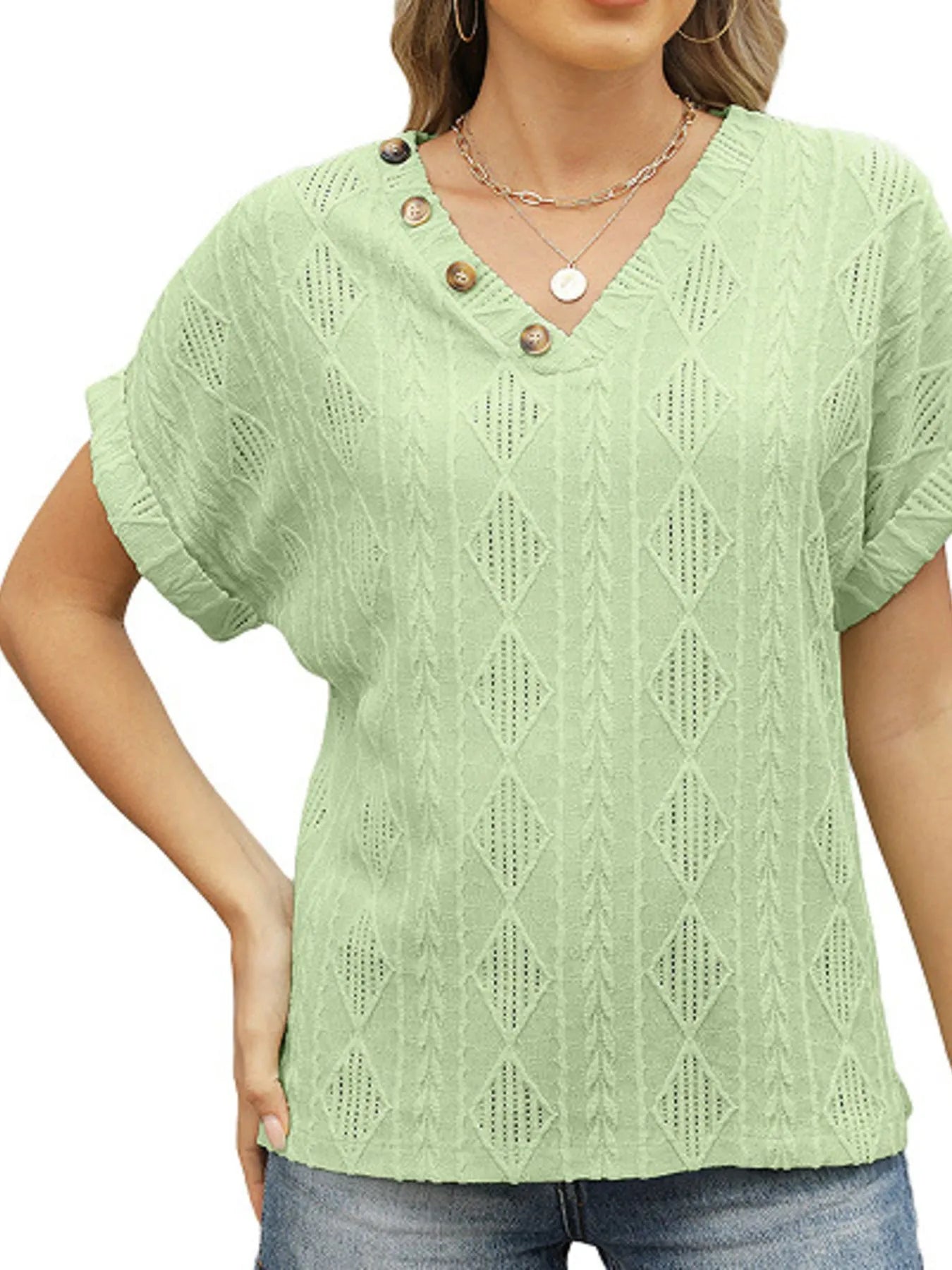 Textured V-Neck Short Sleeve Top - Fashorio