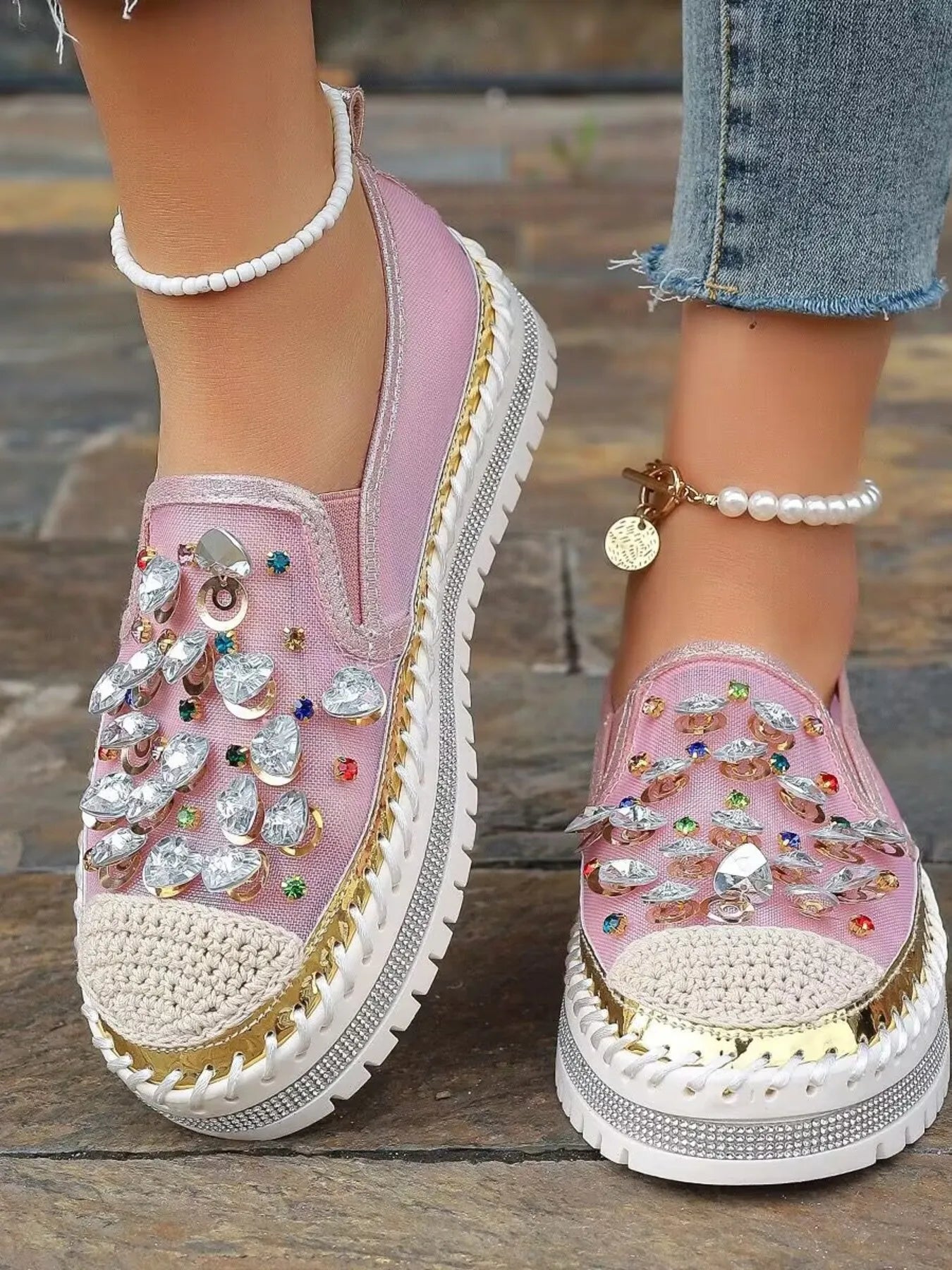 Rhinestone Round Toe Platform Loafers Pink - Fashorio