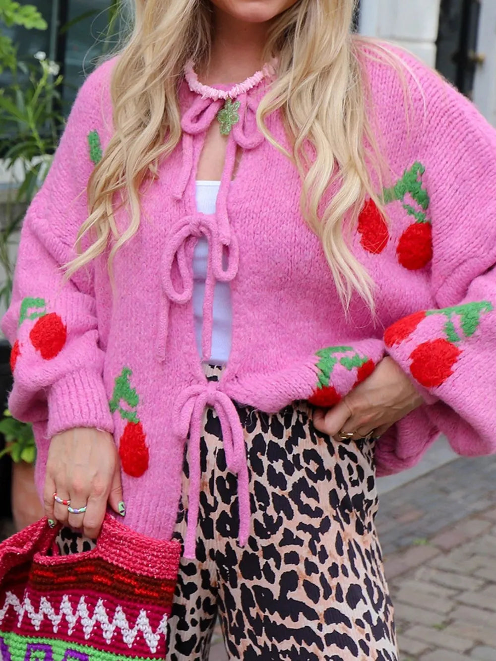Tied Cherry Round Neck Long Sleeve Cardigan Fuchsia Pink - Fashorio