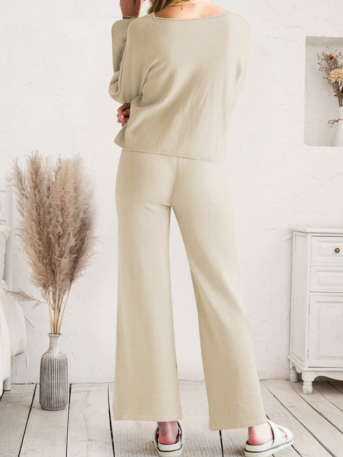 Long Sleeve Lounge Top and Drawstring Pants Set - Fashorio