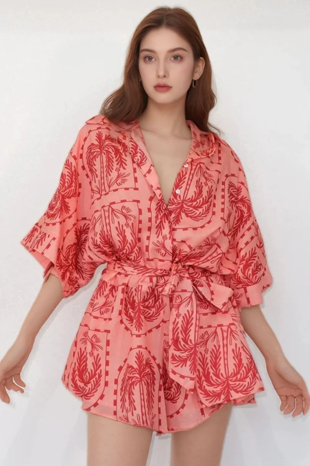 Printed Tie Waist Romper Red - Fashorio