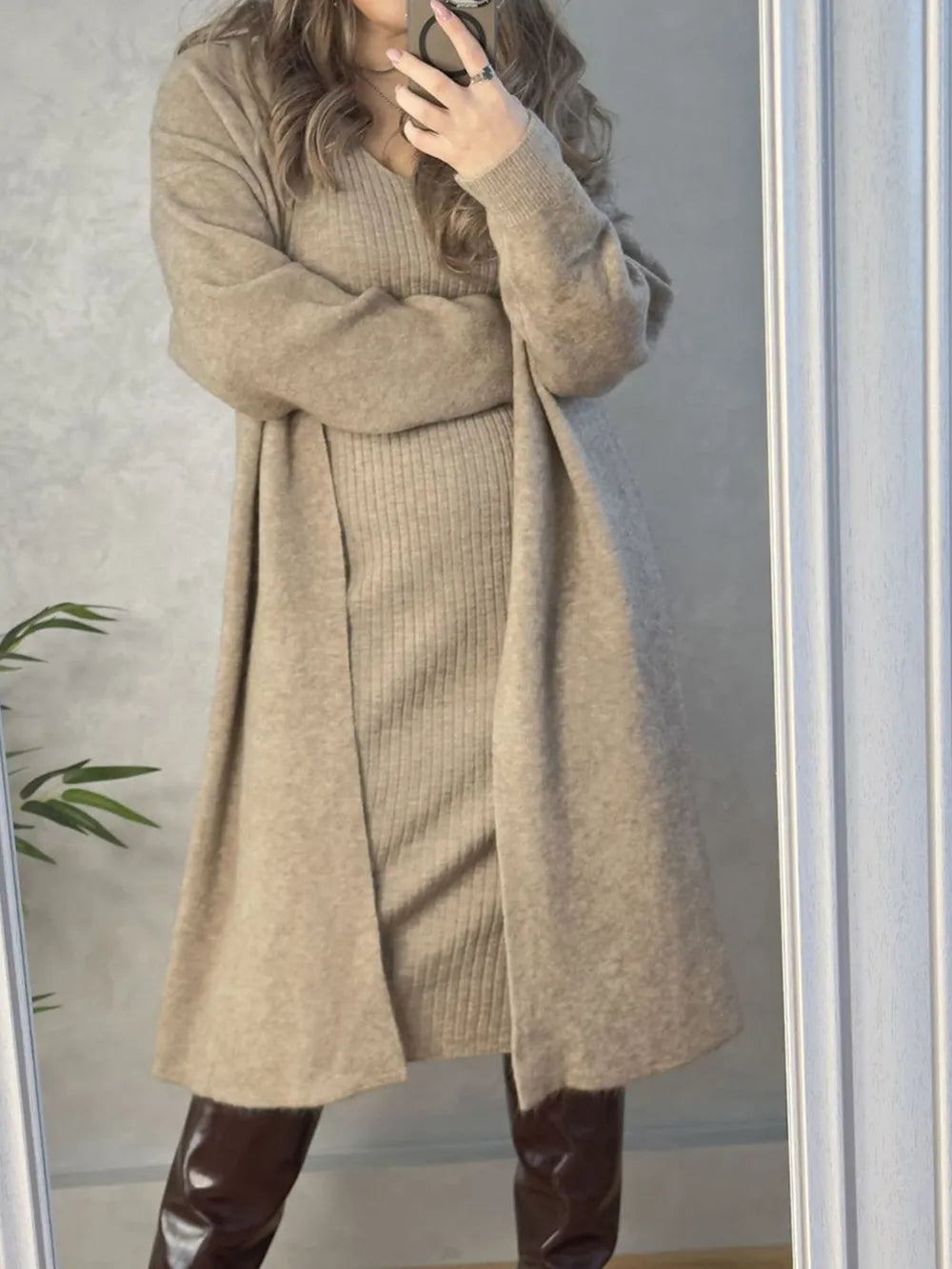 V-Neck Cami Dress and Open Front Cardigan Sweater Set Khaki One Size - Fashorio