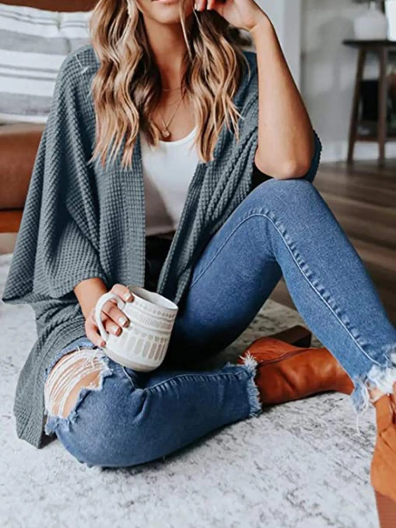 Full Size Open Front Waffle Knit Cardigan Plus Size Dark Blue - Fashorio