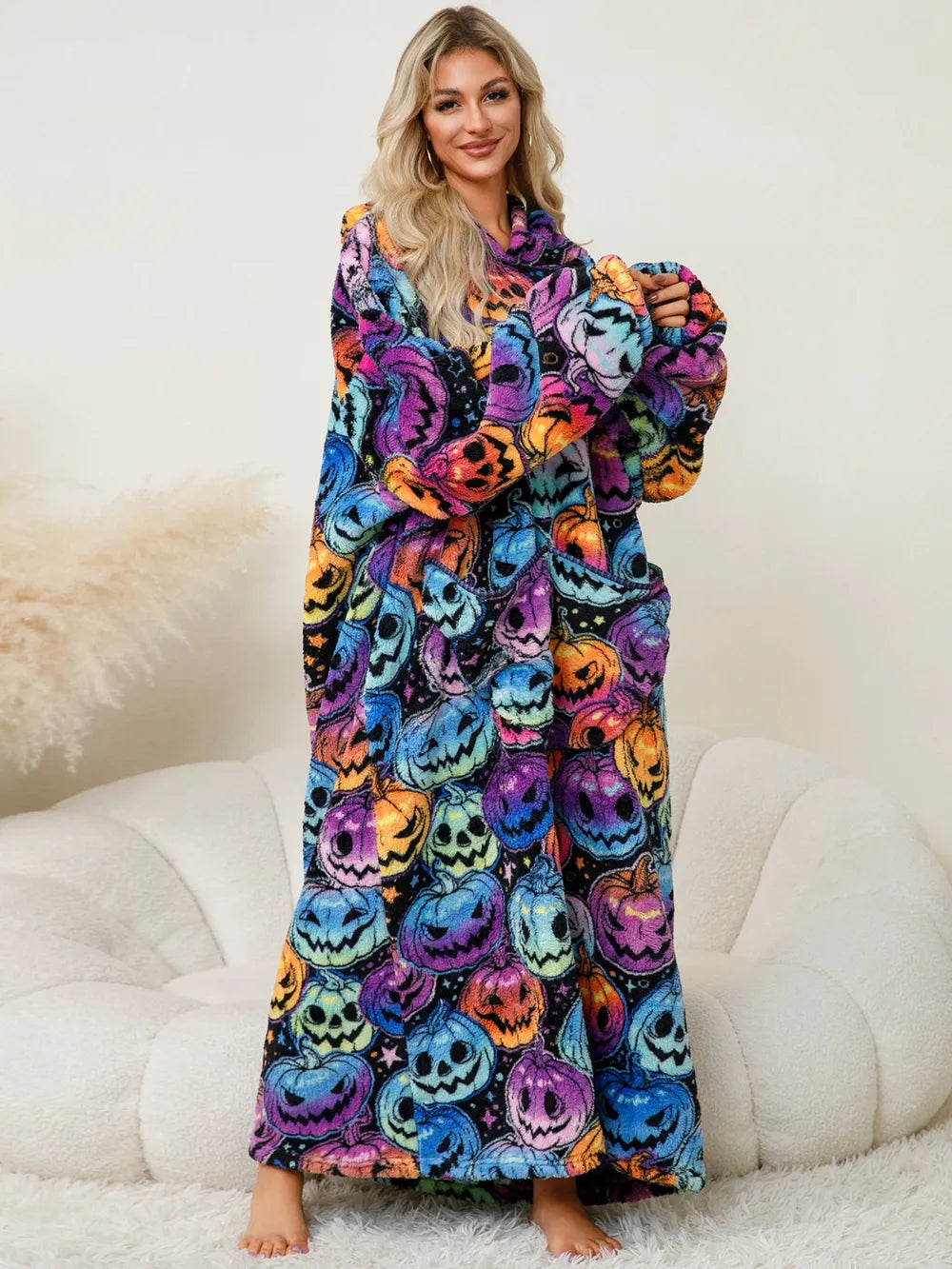 Fuzzy Pocketed Long Sleeve Hooded Lounge Dress - Fashorio