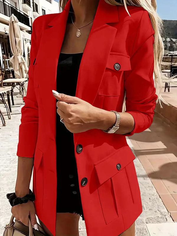 Lapel Collar Long Sleeve Blazer Red - Fashorio
