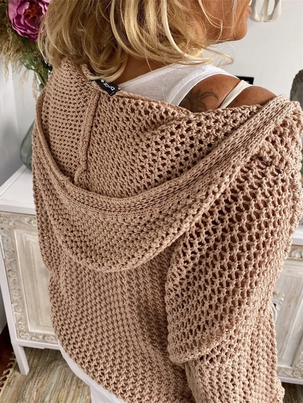 Openwork Hooded Long Sleeve Sweater - Fashorio