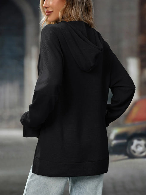 Textured Drawstring Long Sleeve Hoodie - Fashorio