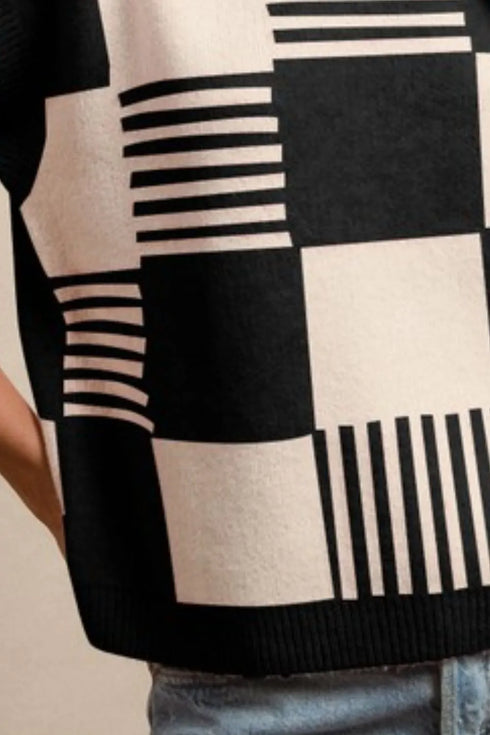 BiBi Checker With Stripes Pattern Sleeveless Sweater - Fashorio