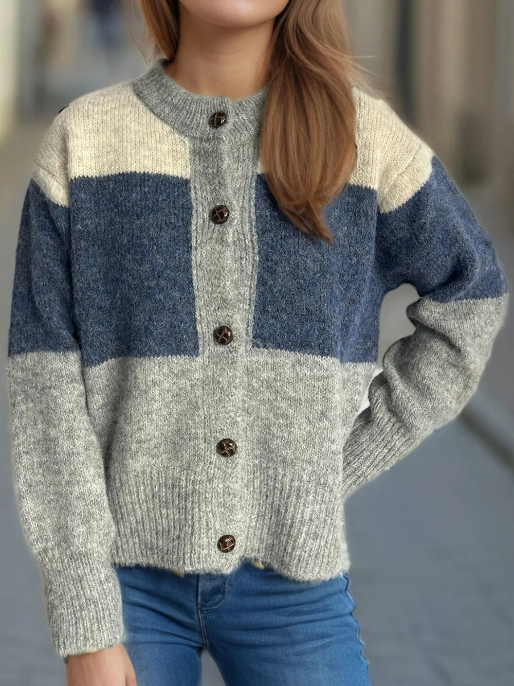 Color Block Round Neck Button Up Cardigan - Fashorio