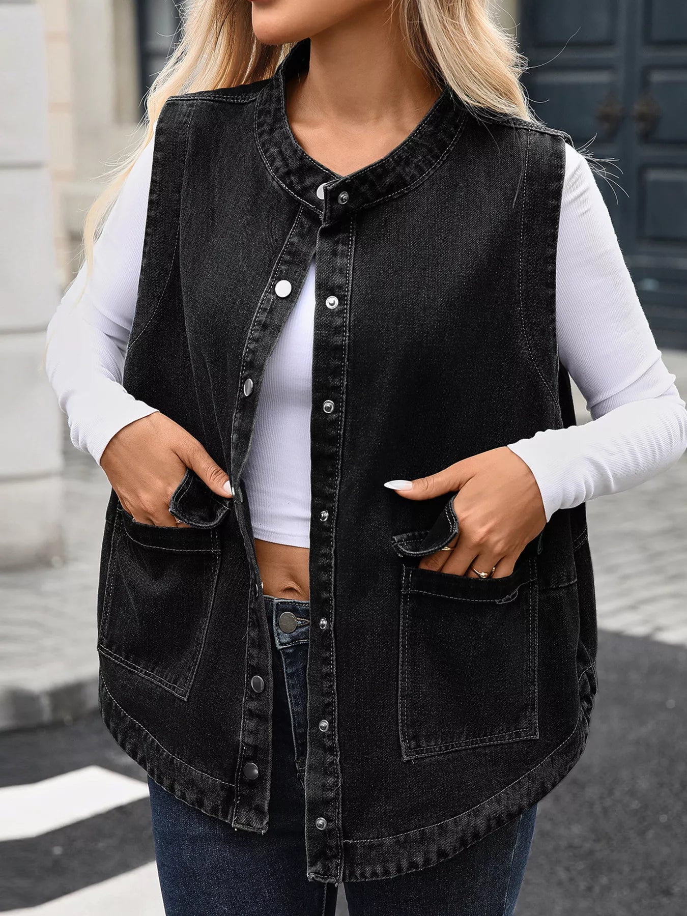 Snap Down Sleeveless Denim Jacket with Pockets - Fashorio