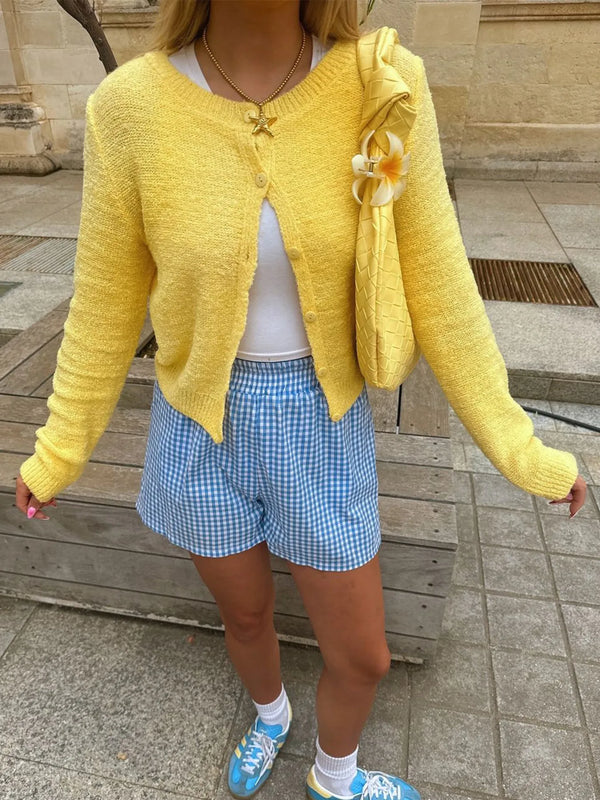 Cropped Button-Front Sweater Cardigan Yellow - Fashorio