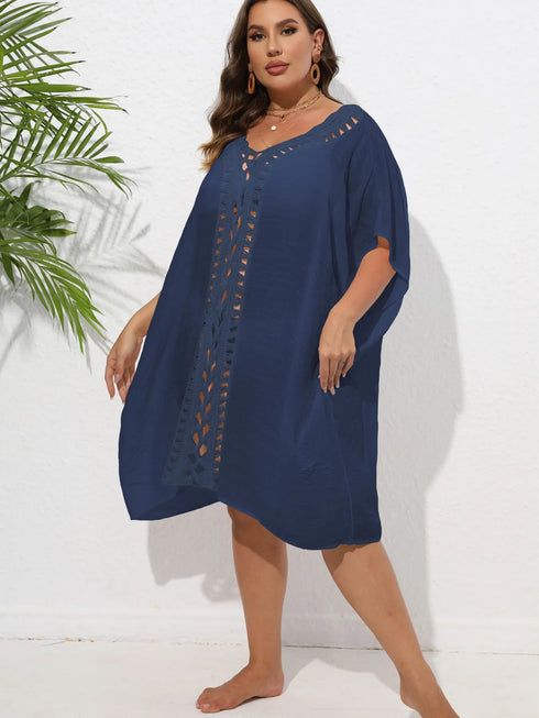 Crochet Trim V-Neck Beach Cover Up Dress Purplish Blue One Size - Fashorio
