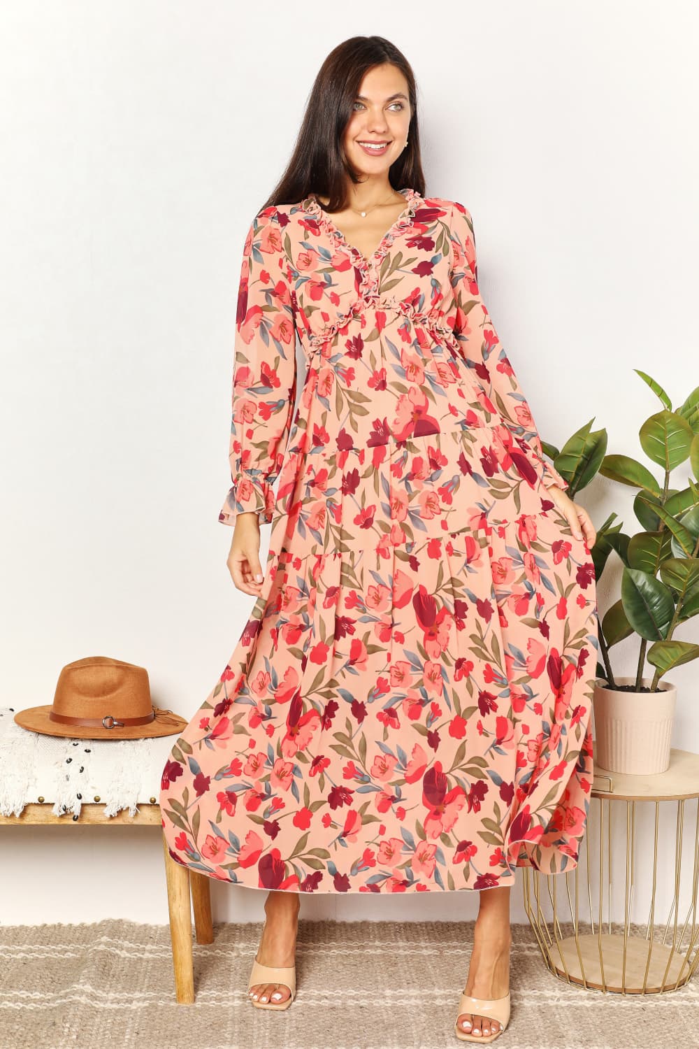 Double Take Floral Frill Trim Flounce Sleeve Plunge Maxi Dress Floral - Fashorio