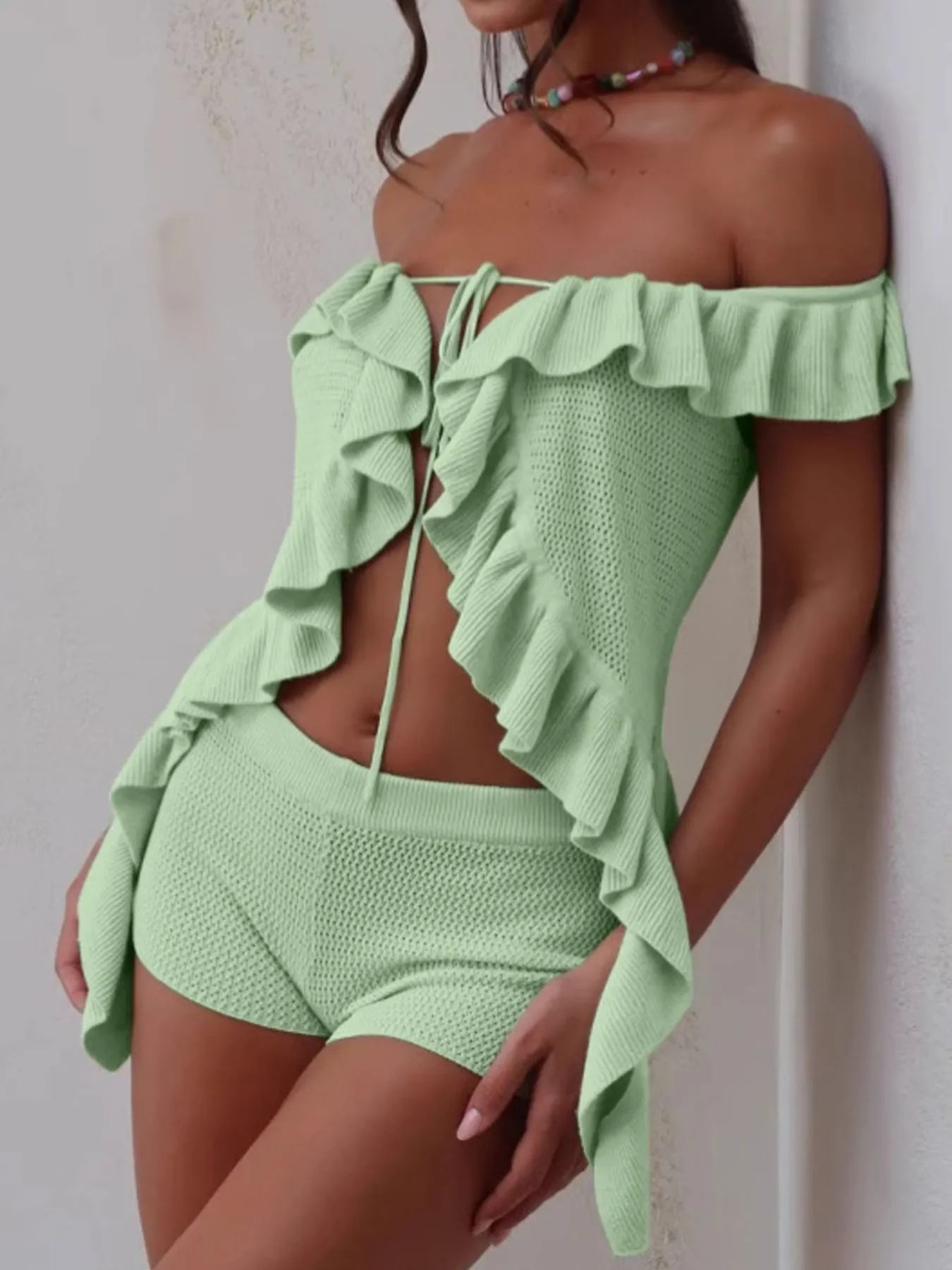 Off-Shoulder Ruffle Top and Shorts Sweater Set - Fashorio